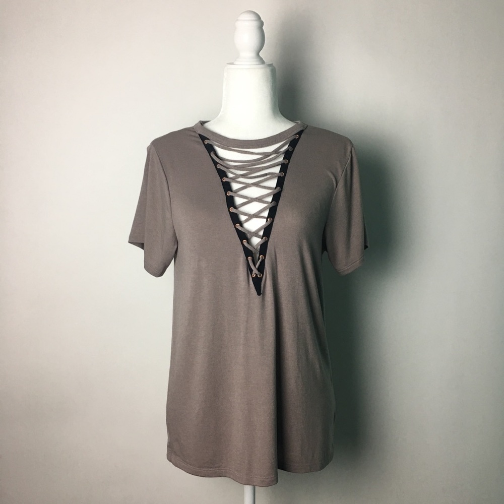 Express One Eleven Deep V-Neck Lace Up Tee